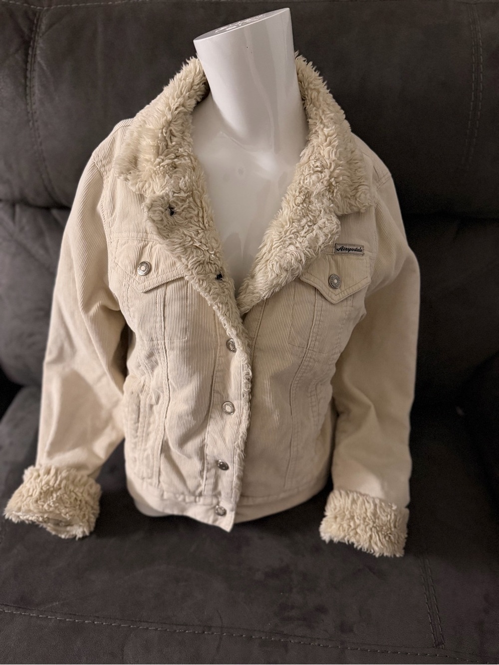Y2K Aeropostale Cream Corduroy Jacket with Faux-Sherpa Trim